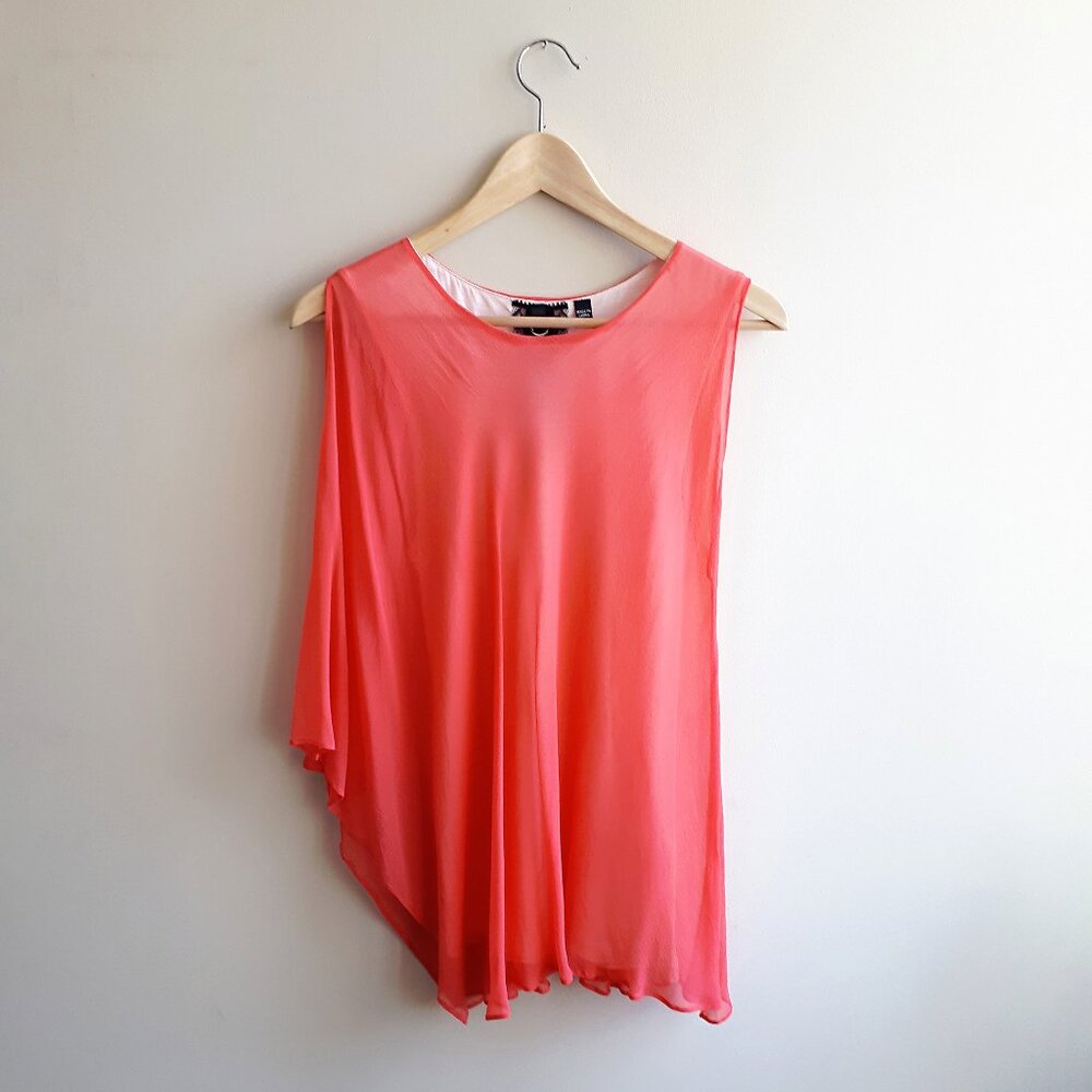POLECI 100% Silk Cape Sleaveless Blouse in Bright Coral Red Pink Orange